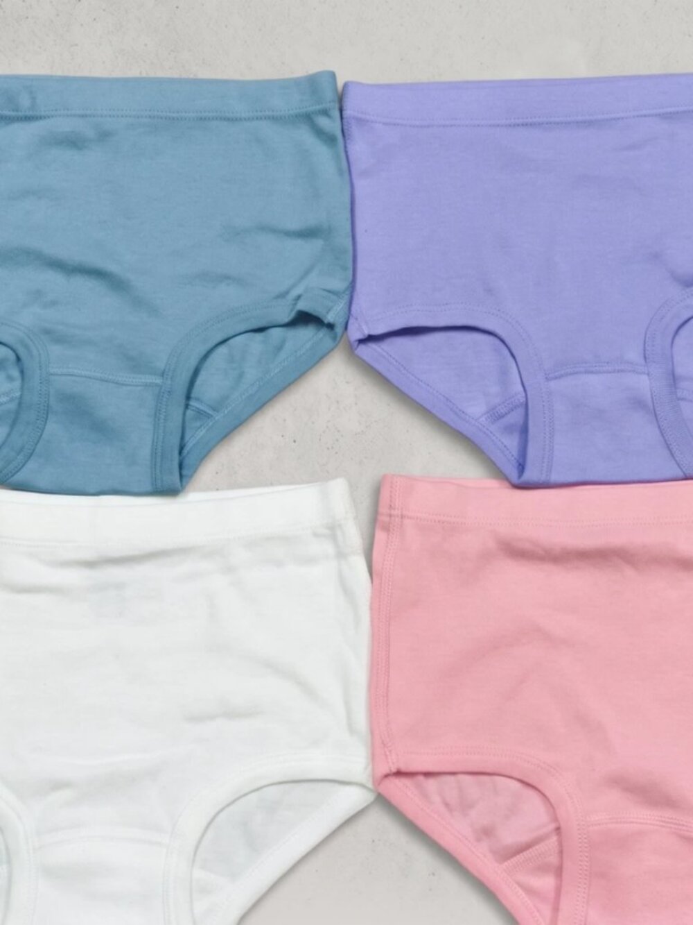 Girls Solid Color Briefs 4-Pack Size S - Pastel Blue, Lavender, Pink & White